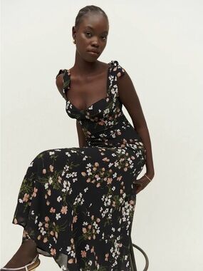 Reformation Nadira Black Floral Midi Dress with Tie Straps